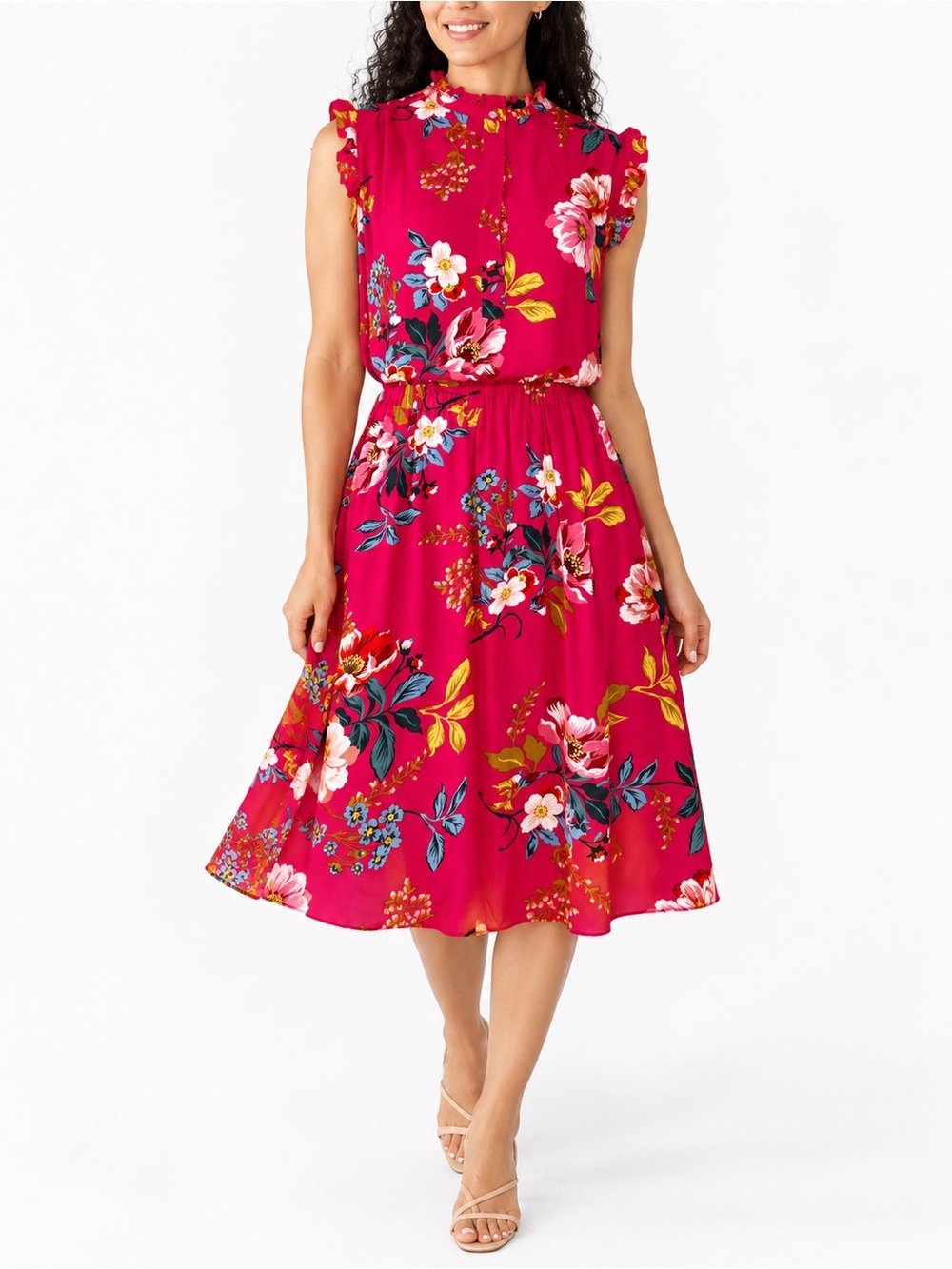 Philosophy Republic Clothing Floral Midi Dress Women’s M Pink Ruffle Sleeveless